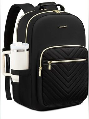 Lovevook Black Quilted Laptop Backpack with Giant Tumbler Holder